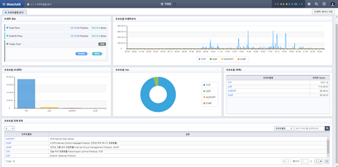 프로토콜 및 상호 관계 트래픽에 대한 상세 분석 화면 예시